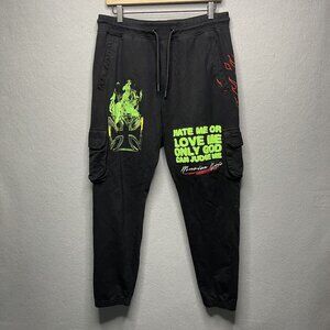 Maison Noir Black Cargo Joggers With Neon Green & Red Flame Embroidery Size L